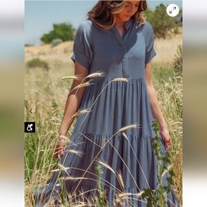 Bohme Amanda Tiered Dress in Slate Blue Elegant Midi Maxi Dress Size XL